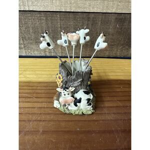 Set of 5 French Pickle Forks and Holder with Cow Theme